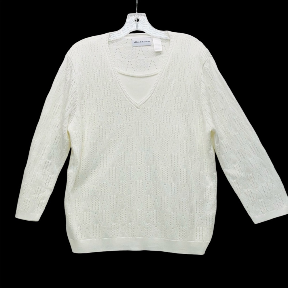 Alfred Dunner Large White Long Sleeve Pointelle Sweater Faux Dickey Panel Casual